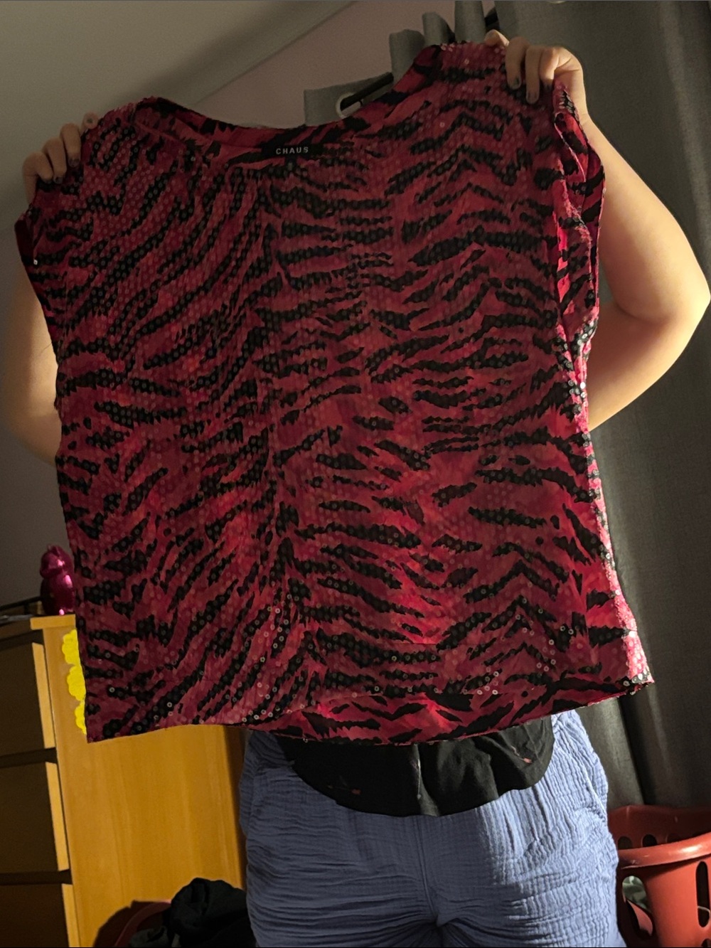 Chaus Hot Pink and Black Sequin Zebra Print Short Sleeve Blouse
